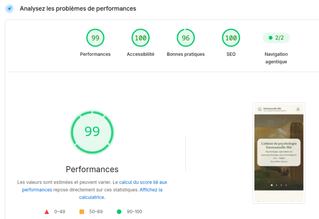 Scores PageSpeed Insights du site